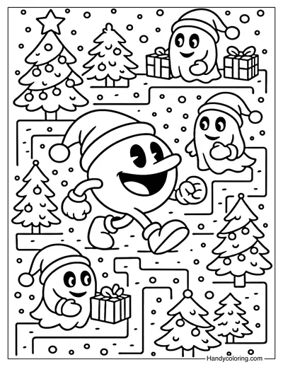 Christmas Pac Man Maze Coloring Page