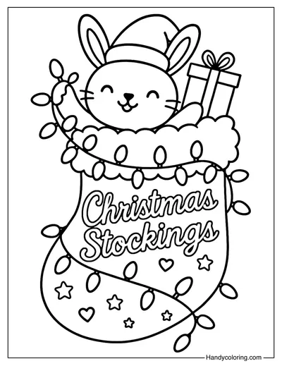 Christmas Stocking with Bunny Coloring Page
