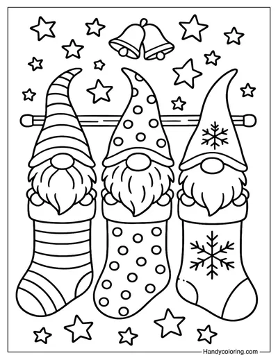 Christmas Stockings Gnome Trio Coloring Page
