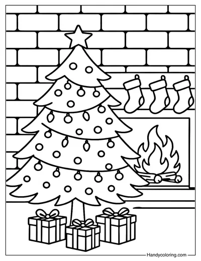 Christmas Tree by Fireplace Coloring Page