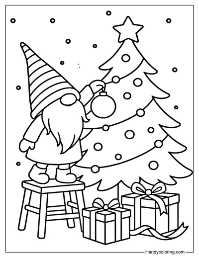 Christmas Tree Decorating Gnome Coloring Page