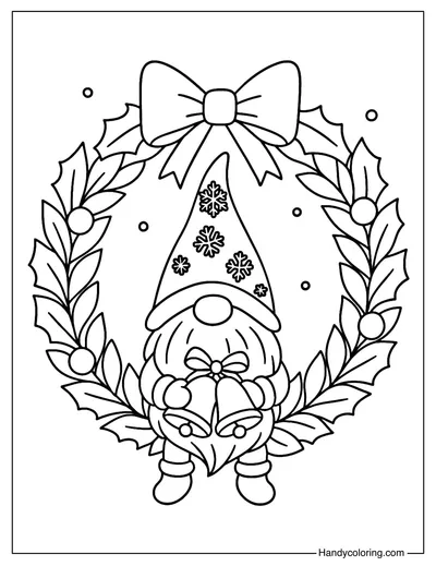 Christmas Wreath and Bells Gnome Coloring Page