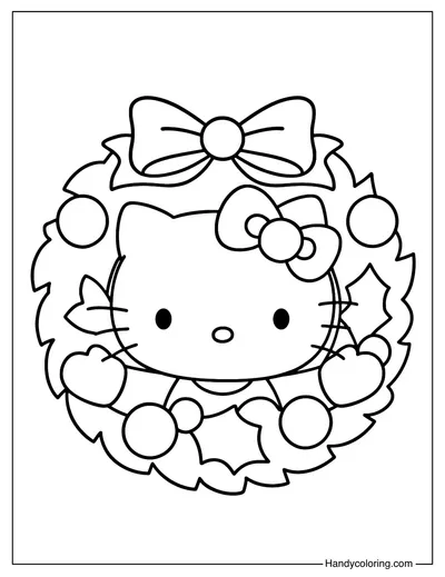 Christmas Wreath Hello Kitty Coloring Page