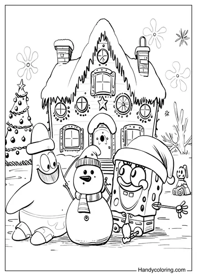 Christms Spongebob and Patrick Coloring Page