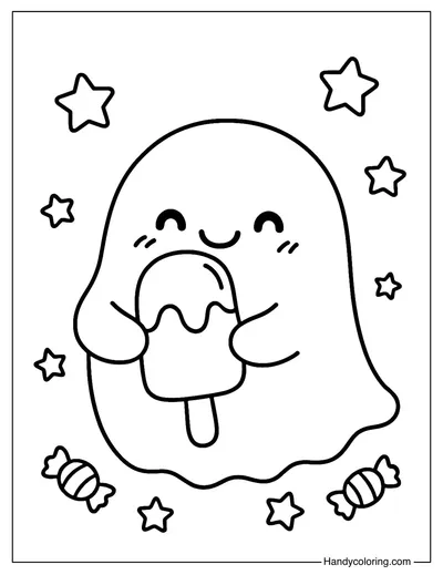 Chubby Ghost with Ice Cream Coloring Page