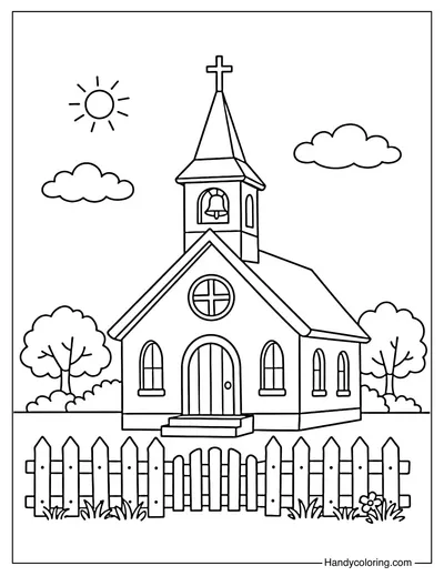 Church with Fence Coloring Page