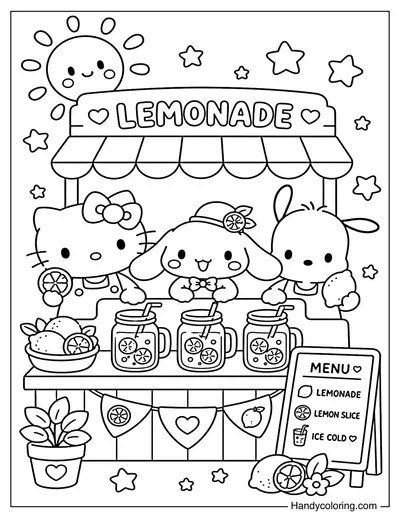 Cinnamoroll, Hello Kitty and Pochacco Standing by Lemonade Stand