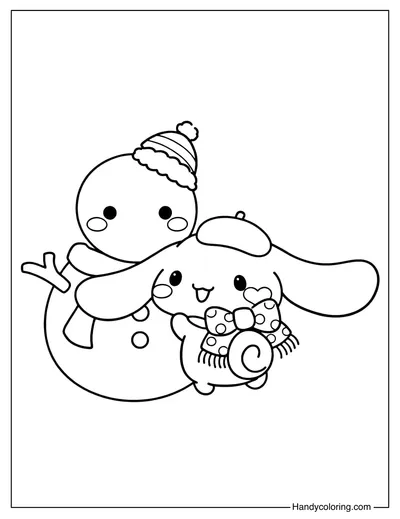 Cinnamoroll Hugging a Snowman Coloring Page