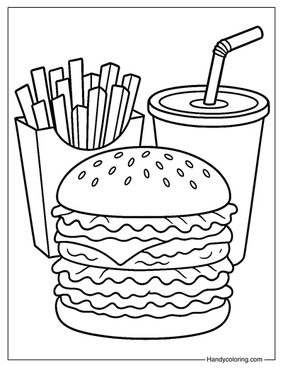 Classic American Burger and Fries Coloring Page