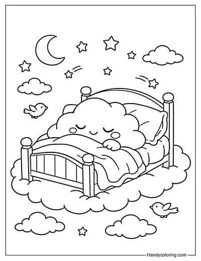 Cloud Bedtime Scene Coloring Page