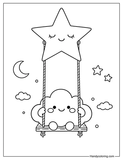 Cloud Swinging on a Star Coloring Page