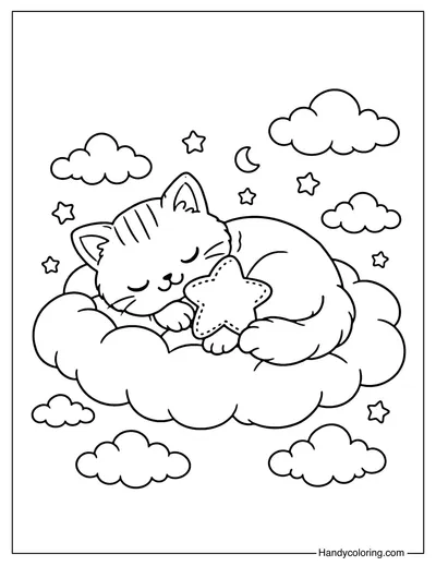Cloud with Sleeping Cat Coloring Page