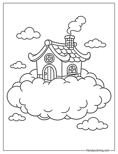 Cloud with Tiny House Coloring Page