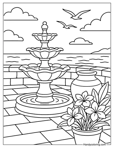 Coastal Patio Waterfall Coloring Page