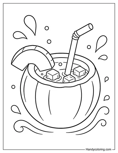 Coconut Drink with Straw and Ice Cubes