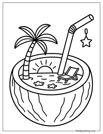 Coconut Sunset Island Coloring Page