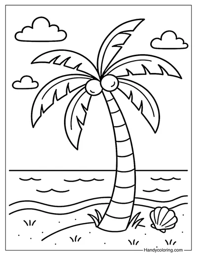 Coconut Tree on the Beach Coloring Page