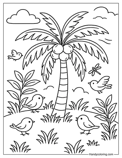 Coconut Tree with Birds Coloring Page