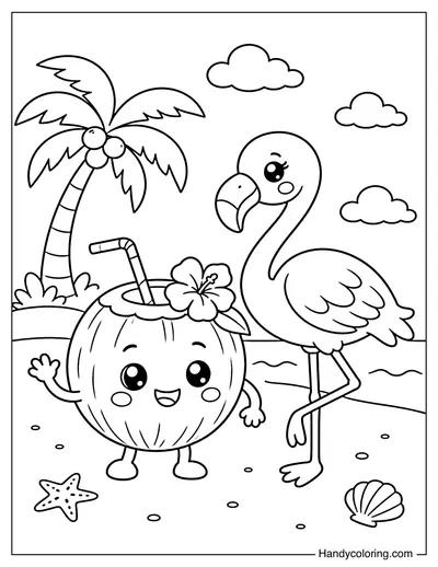 Coconut With Flamingo On A Tropical Beach