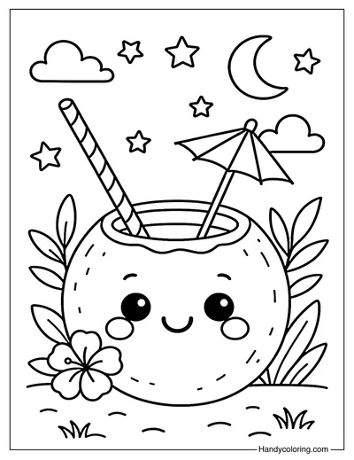 Coconut with Umbrella Drink Coloring Page