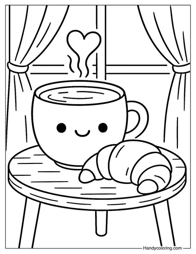 Coffee and Croissant Coloring Page