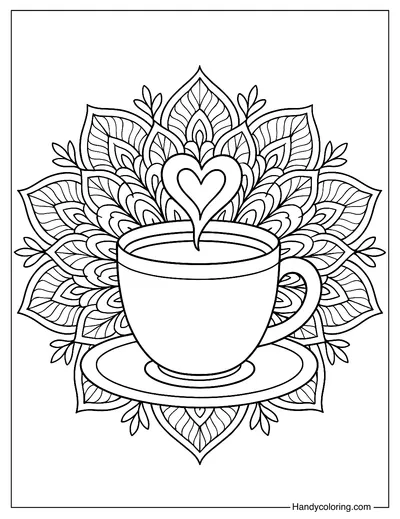 Coffee Cup with Mandala Flowers Coloring Page