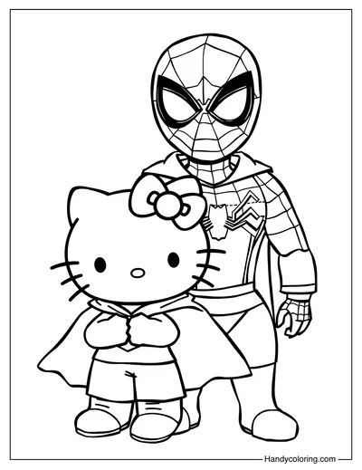 Color Page Hello Kitty and Spiderman
