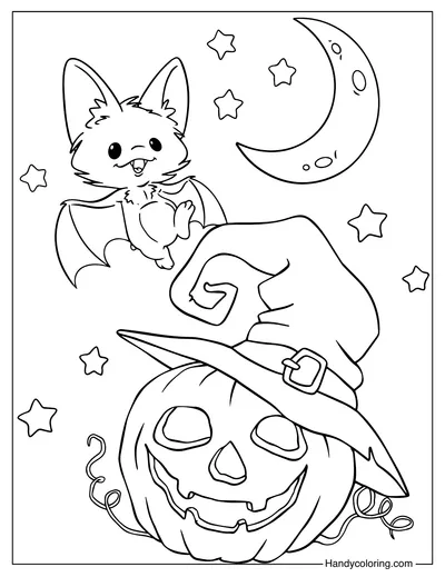 Coloring Bat and a Pumpkin in a Witch Hat Halloween