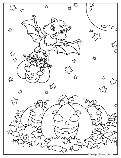 Coloring Bat with a Basket of Sweets and Pumpkins