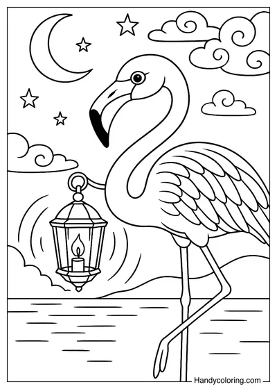 Coloring Flamingo Carrying a Lighted Lantern