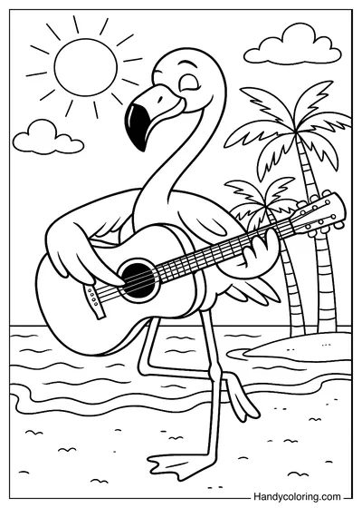 Coloring Flamingo Playing the Guitar