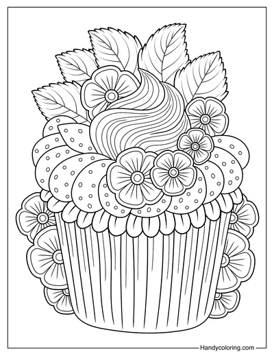 Coloring Page Floral Cupcake with Strawberry