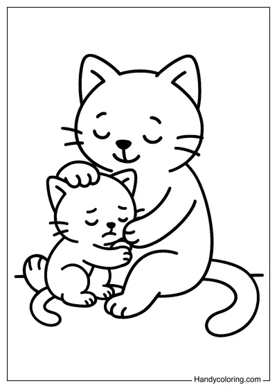 Coloring Page Mother Cat Hugs and Comforts Baby Cat