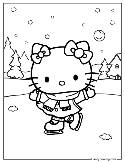 Coloring Page of Hello Kitty Ice Skating