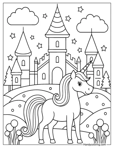 Coloring Page Unicorn with Castle