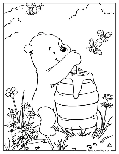 Coloring Page Winnie the Pooh with Honey Jar