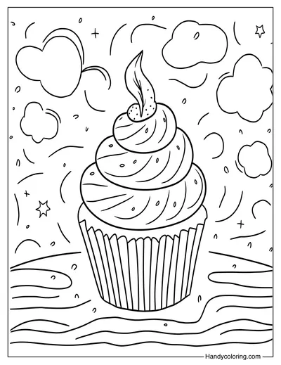 Coloring Page with Cupcake and Clouds