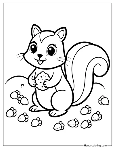Coloring Squirrel Gathering Acorns in the Autumn Woods