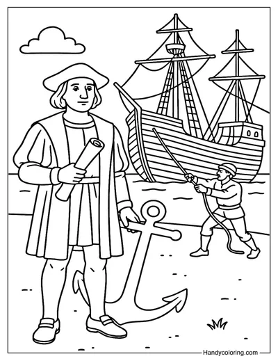 Columbus With Anchor Coloring Page