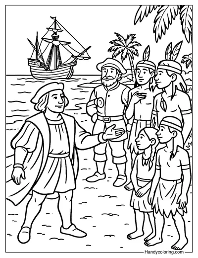 Columbus With Native Encounter Coloring Page