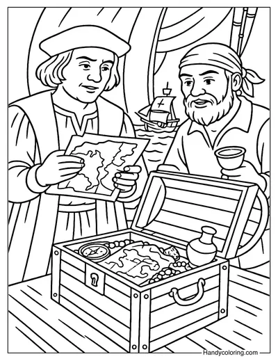 Columbus With Treasure Chest Coloring Page