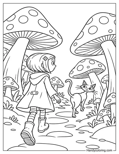 Coraline Following the Cat Through Tall Mushrooms