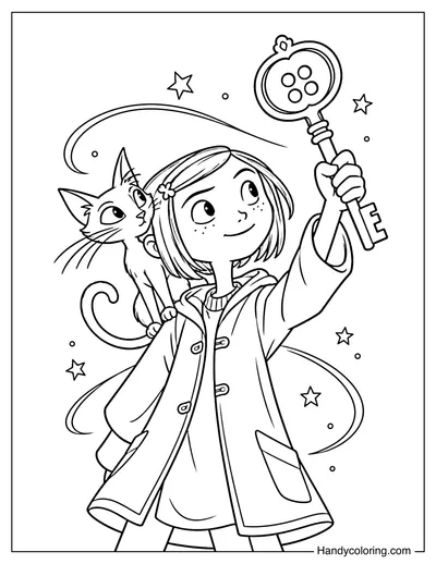 Coraline Holding the Key with Cat on Her Shoulder
