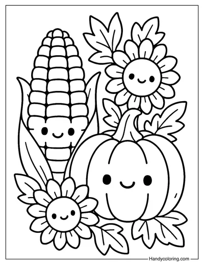 Corn and Pumpkin Coloring Page