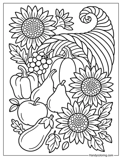 Cornucopia with Sunflowers Coloring Page
