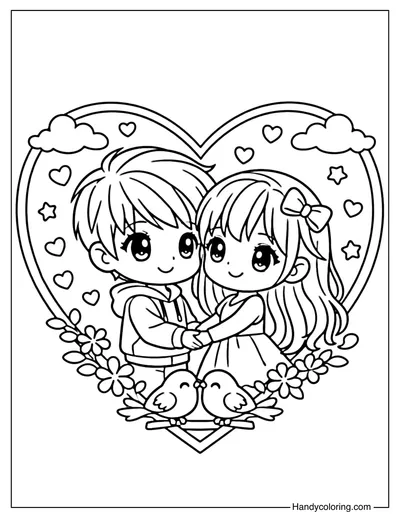 Couple with Heart Coloring Page