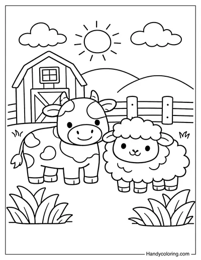 Cow and Sheep in Front of Farm