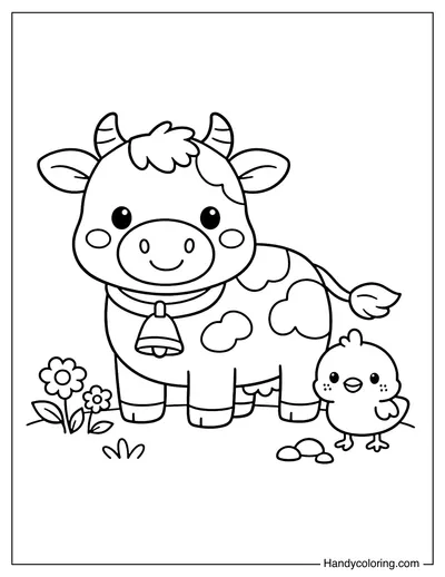 Cow Standing with A Small Chicken