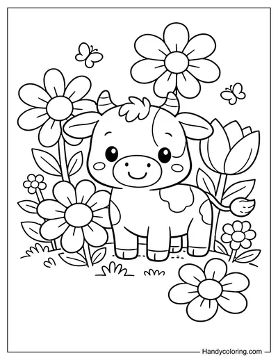 Cow Stands in The Spring Flower Garden