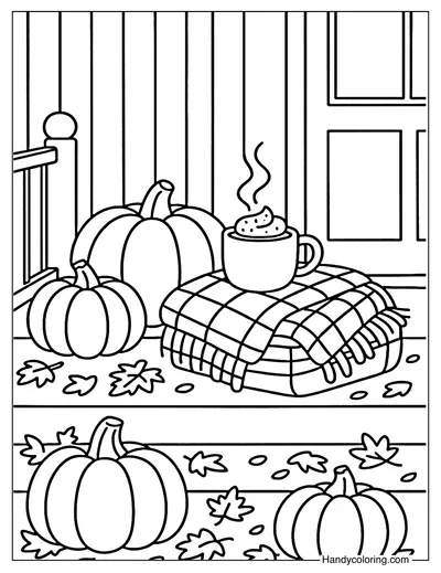 Cozy Autumn Porch with Pumpkins Coloring Page
